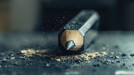 A close-up photo of a sharpened black pencil resting on a dark surface, surrounded by shavings and dust, highlighting the art of creativity and precision in writing.の素材