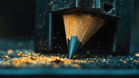 A detailed close-up of a sharpened pencil in the act of being sharpened, highlighting the flying shavings and dust against a dark background, showcasing the beauty of the sharpening process.の素材