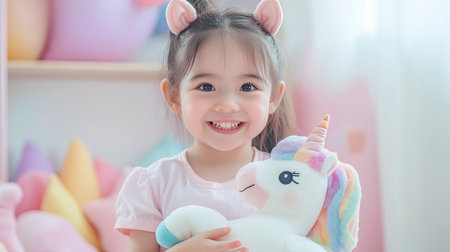 A joyful young girl embraces a colorful unicorn plush toy in a cozy playroom filled with soft pastel elements, radiating warmth and innocence in her bright smile.の素材