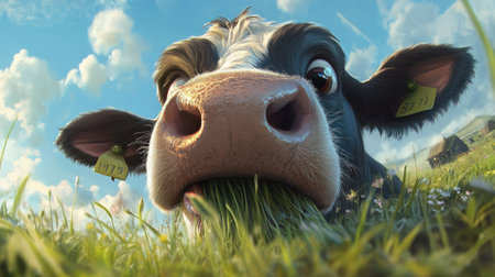 This delightful image captures a close-up view of a cow happily grazing in a lush green field under a clear blue sky filled with soft clouds, reflecting a serene rural atmosphere.の素材