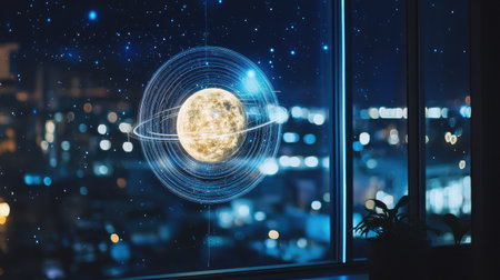 This captivating image features a glowing planet with rings viewed through a window, blending the beauty of urban night life with cosmic wonder in a serene atmosphere.の素材