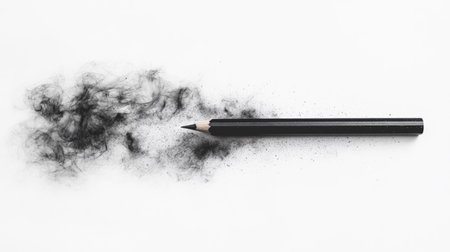 A striking black pencil rests on a clean white surface, surrounded by artistic dust resembling smoke, perfect for creative projects and educational purposes.の素材