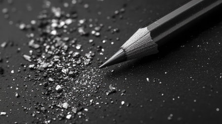 A beautifully detailed close-up image of a sharpened pencil resting on a black surface, surrounded by graphite shavings, epitomizing artistry and creativity in striking monochrome.の素材