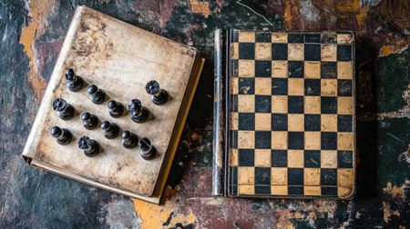 A vintage chess set and board sit gracefully on a rustic tabletop, inviting players to engage in strategic thinking and timeless enjoyment of this classic game.の素材