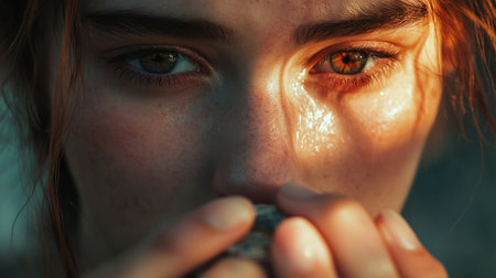 A captivating close-up image of a young woman with striking eyes holding a stone. Sunlight creates a dreamlike effect, enhancing her natural beauty and emotions.の素材