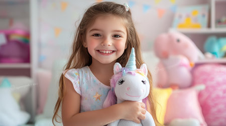 A cheerful young girl smiles brightly while hugging her favorite unicorn plush toy in a bright and colorful bedroom, filled with playful decor and a warm atmosphere.の素材