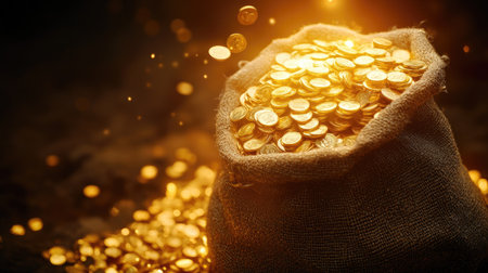 A captivating image of a burlap bag filled with shimmering golden coins, exuding an aura of wealth and luxury in a beautifully lit dark setting.の素材