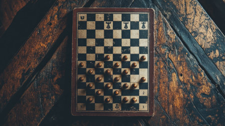 Explore a vintage chess board placed on a rustic wooden table. The artistic flat lay perspective captures unplayed pieces and showcases the beauty of this classic strategy game.の素材