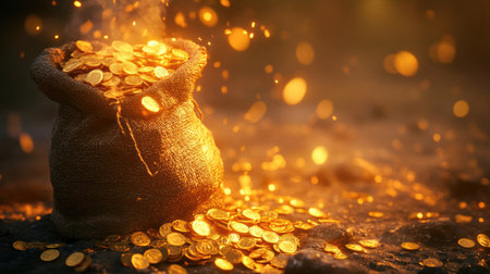 A burlap sack spills golden coins, radiating warmth and charm. The setting is enhanced by sparkling dust and magical light, evoking feelings of wealth and adventure.の素材