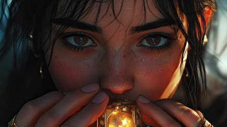 A mesmerizing close-up of a young woman holding a glowing object, her intense gaze and unique features evoke a sense of mystery and enchantment in a beautifully lit setting.の素材