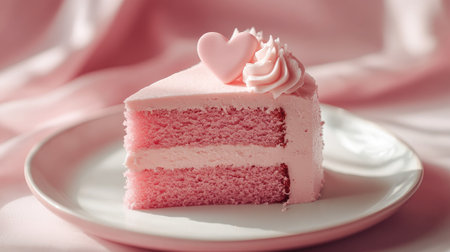 A mouthwatering slice of pink frosted cake topped with a heart and delicate swirl, set against a soft pink background, ideal for celebrations and sweet moments.の素材