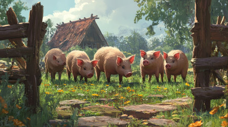 A charming scene featuring a group of curious piglets exploring a vibrant meadow near a rustic farmhouse, showcasing the beauty of rural life and nature.の素材