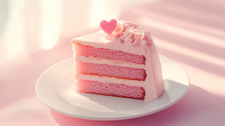 A tempting slice of pink cake topped with a heart decoration, set on a white plate, creates a charming visual perfect for celebrations and sweet moments.の素材