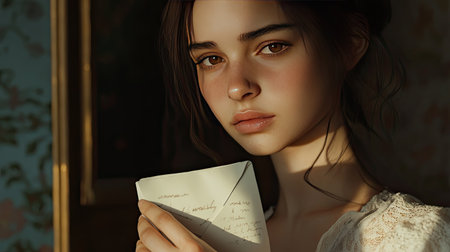 A captivating portrait of a young woman holding a letter, evoking deep emotions and a sense of nostalgia. The soft light highlights her serene expression in a vintage setting.の素材