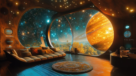 Experience a tranquil and imaginative living space that seamlessly blends modern design with a breathtaking cosmic view, featuring a large planet and a starry sky.の素材