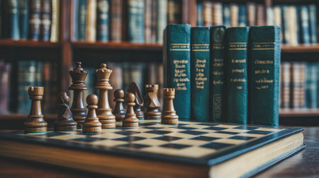 A beautifully arranged wooden chess set on a classic board, surrounded by vintage books in a cozy library, perfect for evoking a sense of strategy and intellectual engagement.の素材