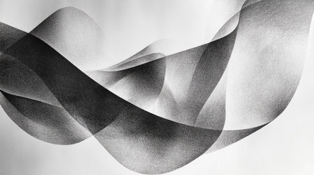 This abstract artwork features flowing waves of monochrome lines on a white background, evoking a sense of movement and fluidity ideal for modern artistic expressions.の素材