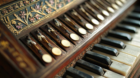 This stunning image captures a vintage harmonium, emphasizing its intricate woodwork and decorative keys, inviting viewers to appreciate the artistry of musical craftsmanship.の素材