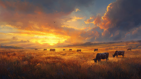 A breathtaking sunset illuminates a quiet field where cows graze peacefully, highlighting the tranquility of rural life and the beauty of nature's colors in the evening sky.の素材