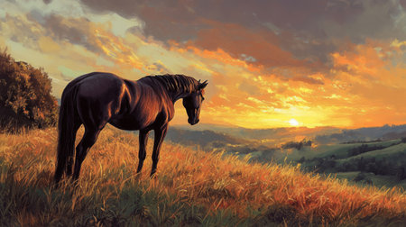 A beautiful horse stands gracefully on a hilltop, silhouetted against a stunning sunset. The vibrant colors illuminate the rolling hills and peaceful landscape, creating a serene atmosphere.の素材