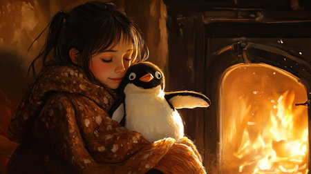 A serene winter moment showcasing a young girl nestled with a plush penguin by a glowing fireplace, radiating warmth, comfort, and the joy of simple pleasures.の素材