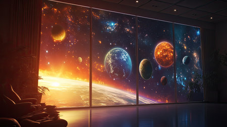 A captivating view of the cosmos through a modern window, showcasing vibrant planets and a glowing horizon, blending interior design with breathtaking space scenery.の素材