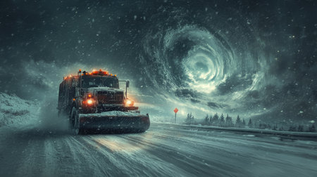 A sturdy snowplow battles through a fierce snowstorm, navigating a treacherous road under an eerie, swirling stormy sky in winter conditions.の素材
