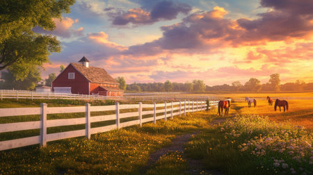 A picturesque rural scene featuring a charming red barn and horses grazing peacefully in a sunlit field, all under a colorful sunset sky with clouds and vibrant greenery.の素材