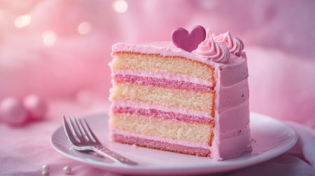 A stunning slice of pink layered cake featuring soft sponge and creamy frosting topped with a heart decoration, ideal for celebrations and delightful occasions.の素材