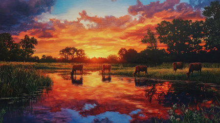 A breathtaking sunset illuminates a tranquil landscape with cows grazing near a reflective pond, showcasing vibrant colors and serene natural beauty.の素材