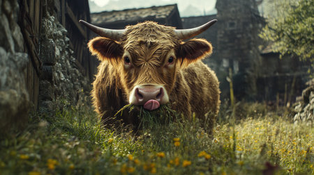 A stunning highland cow standing in lush grass, exuding tranquility in a picturesque rural setting with rustic buildings and mountains in the background.の素材
