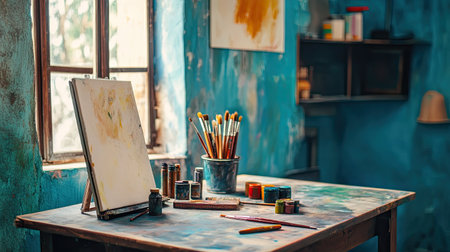 A vibrant art studio filled with inspiration, featuring a canvas on an easel, brushes in a container, and colorful paint tubes scattered across a rustic wooden table.の素材