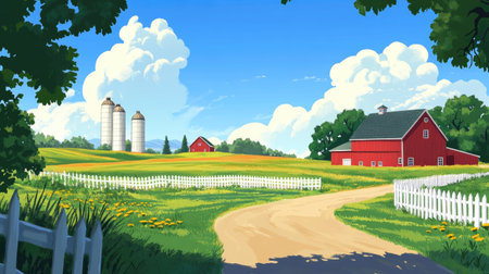 A captivating countryside scene showcasing red barns, silos, and lush green fields under a bright blue sky filled with fluffy clouds, perfect for conveying rural tranquility.の素材