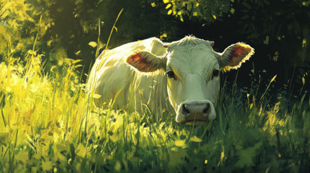 A charming white cow rests peacefully in a sunlit meadow, surrounded by vibrant greenery and delicate flowers, illustrating the tranquility of rural life and nature's beauty.の素材
