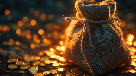 A rustic burlap bag filled with shimmering gold coins glows warmly in a soft light, creating a magical atmosphere that represents wealth and prosperity.の素材