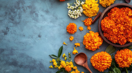 A captivating display of bright marigold flowers surrounded by natural greenery on a textured blue background, perfect for any floral-themed project or decoration.の素材