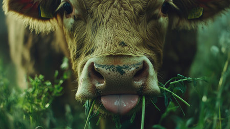 A delightful close-up of a cow munching on fresh grass, featuring its tongue playfully sticking out. The serene scene captures the essence of farm life in a vibrant, natural setting.の素材