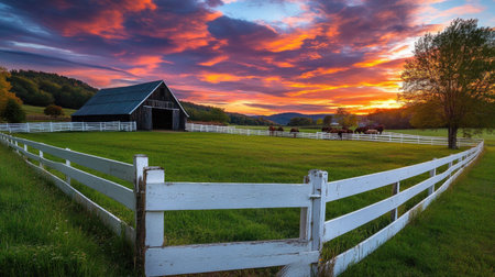 A picturesque view of a sunset illuminating a rustic farmhouse with vibrant colors, framed by a white fence and peaceful grazing horses in a lush green field.の素材