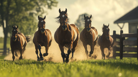 Dynamic scene of five beautiful horses running freely in a sunlit meadow, embodying the spirit of nature and the thrill of motion in a serene rural landscape.の素材