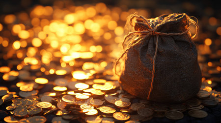 A rustic burlap sack filled with gold coins sits on a shimmering surface, evoking a sense of wealth and abundance in a visually captivating and dreamy setting.の素材