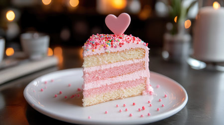 A delightful slice of pink layer cake adorned with a heart decoration, resting on a plate. Perfect for special occasions, evoking warmth and celebration in a cozy atmosphere.の素材
