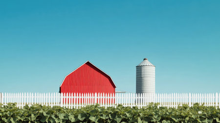 A picturesque view of a red barn next to a metal silo under a clear blue sky, surrounded by green fields and a charming white picket fence, capturing rural tranquility.の素材