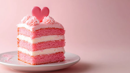 Vibrant pink layer cake topped with a heart decoration and creamy frosting, displayed on a white plate against a soft pink background, perfect for any celebration.の素材