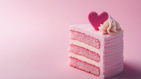 A beautifully crafted pink layered cake topped with a heart-shaped decoration, perfect for birthdays and romantic celebrations, resting on a soft pink surface.の素材
