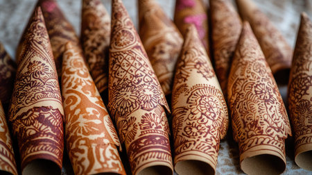 A collection of stunning decorative cones featuring detailed patterns, perfect for artisans, cultural events, and festive occasions, showcasing beautiful craftsmanship and artistic flair.の素材