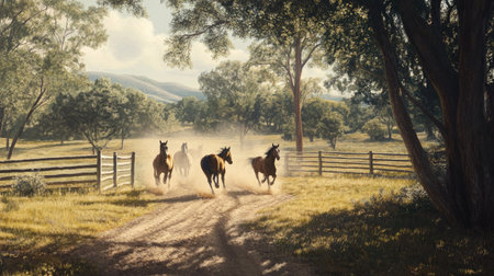 A captivating scene of horses galloping freely through a sunny pasture, showcasing the beauty of nature and the freedom found in the countryside. Perfect for showcasing rural life.の素材