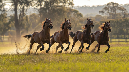 Experience the exhilarating beauty of four horses running freely across a vibrant meadow, embodying strength and energy in a breathtaking natural landscape.の素材