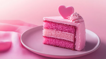 A beautiful slice of pink cake with a charming heart decoration, perfect for celebrations, events, or as a delightful sweet treat against a soft pink background.の素材