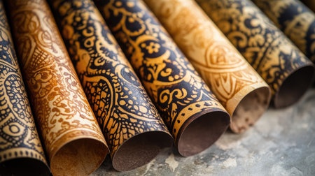 A collection of stunning handmade paper rolls featuring intricate patterns in rich brown and gold tones, ideal for various art and craft projects or unique decor accents.の素材
