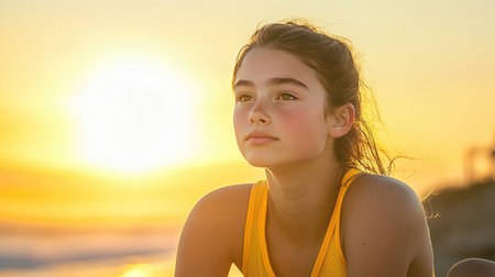 A captivating portrait of a young girl during sunset by the beach, showcasing her tranquil expression and the warm light of the setting sun, perfectly capturing a peaceful moment in nature.の素材